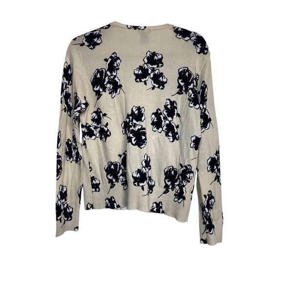 Ann Taylor Sweater Womens Large Cream Black Floral Cardigan Knit Crew Neck - Picture 2 of 8